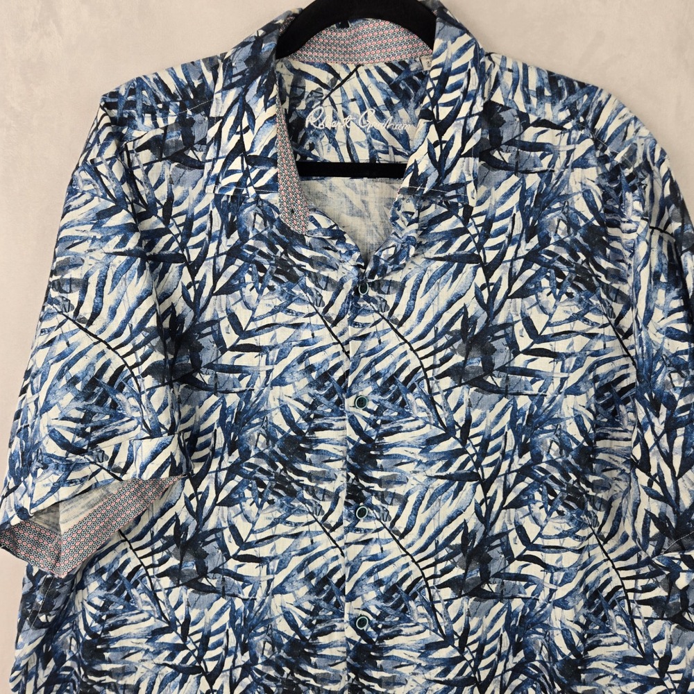 Robert Graham Mens 2XL Hawaiian Floral Linen Blend Short Sleeve Shirt 2XL Blue